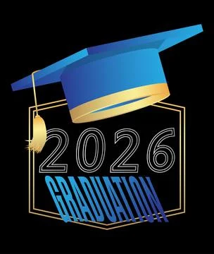 Blue, white and gold class of 2026 Graduation design template on black back.. Stock-Illustration
