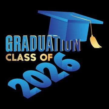 Blue, white and gold class of 2026 Graduation design template on black back.. Stock-Illustration