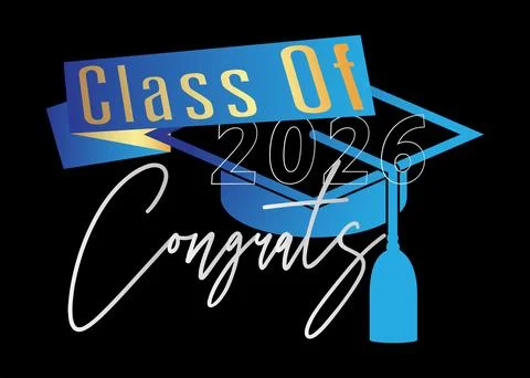 Blue, white and gold class of 2026 Graduation design template on black back.. Stock-Illustration