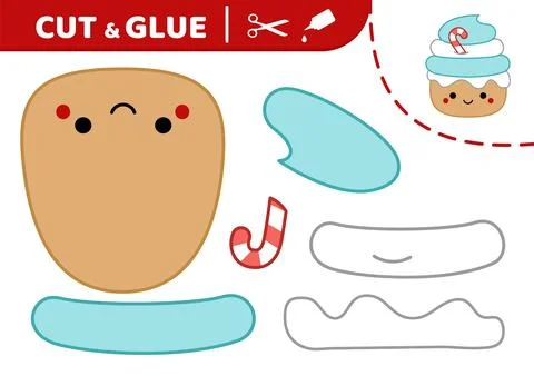 Blue white cupcake with candy cane. Cut and glue. Christmas cake. Squishmallow Stock Illustration