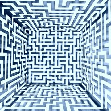 Blue white dimensional maze composition inside look illustration Illustrazione stock