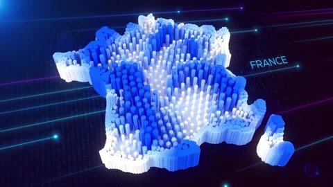 Blue White Dynamic Hexagonal Prism Rippling France Map and Text with Hud Grid Stock Footage 279826353