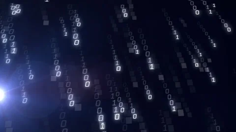 Blue-white flare initiating binary digits drifting forming streams showing data Stock Footage 312695308