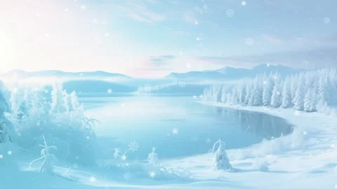 Blue white ice snow tree lake with snow flakes falling background Stock Footage 322776966