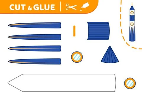 Blue white long rocket. Cut and glue. Rocket. Applique. Paper game. Vector Illustrazione stock