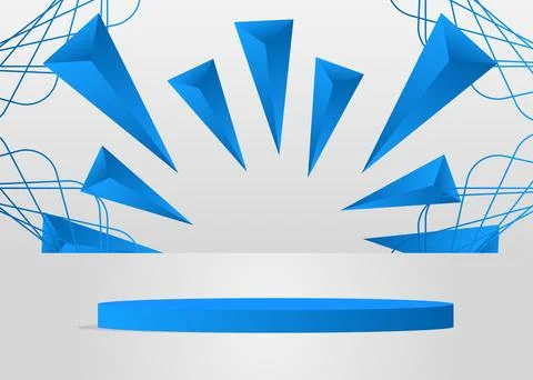 Blue, White product display. Vector 3D room, cylinder pedestal podium. Stag.. Stock Illustration