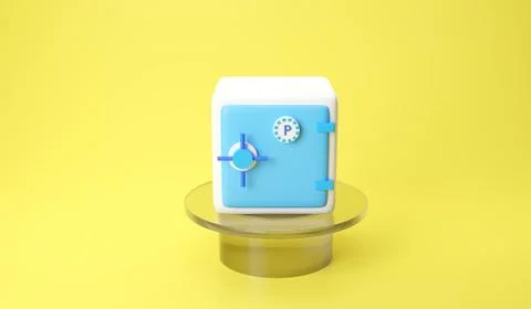 Blue-white safe box isolated on yellow pastel background. 3D rendering illust Stock Illustration