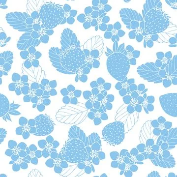 Blue white seamless pattern strawberries, flowers Stock Illustration