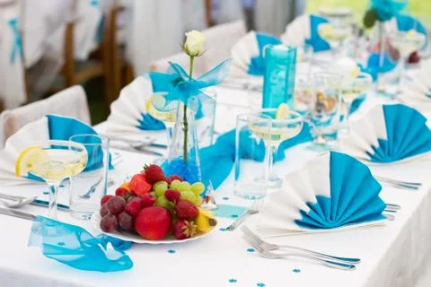 Blue-white wedding table setting Stock Photos