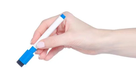 Blue whiteboard marker in hand Stock Photos