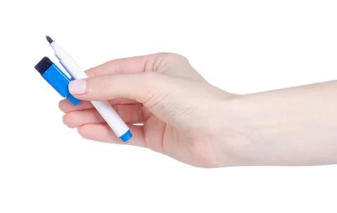 Blue whiteboard marker in hand Stock Photos