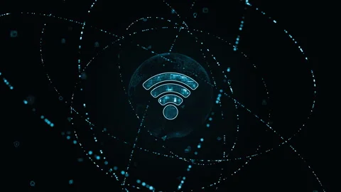 Blue WIFI logo with particle ring circle rotation and earth sphere Stock Footage 252524925