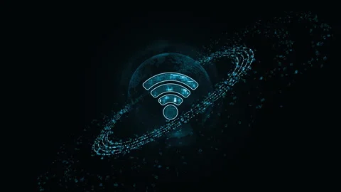 Blue WIFI logo with particle ring circle rotation and earth sphere Stock Footage 255460345