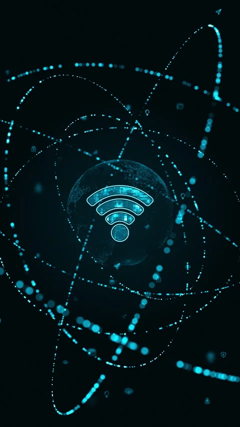 Blue WIFI logo with particle ring circle rotation and earth sphere Stock Footage 268704602