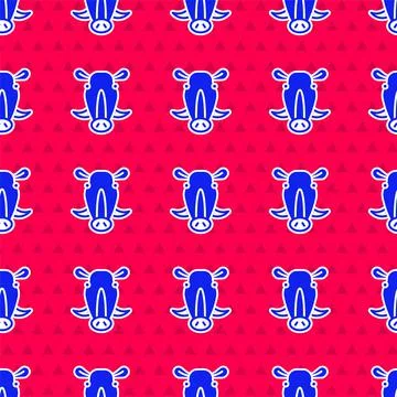 Blue Wild boar head icon isolated seamless pattern on red background. Animal Stock Illustration