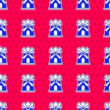 Blue Windmill icon isolated seamless pattern on red background. Vector Stock Illustration