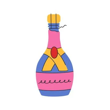 Blue wine bottle in a flat style. Valentine's day doodle vector illustratio.. Stock Illustration