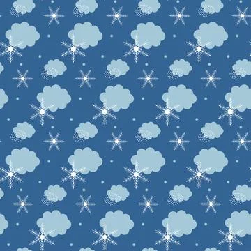 Blue Winter Abstract seamless Pattern with clouds and snowflakes. Trendy hand Stock Illustration