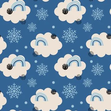 Blue Winter Abstract seamless Pattern with snowflakes, clouds, rainbow. Trend Stock Illustration