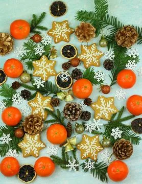 Blue winter background with pattern of christmas decorations Stock Photos