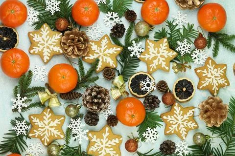 Blue winter background with pattern of christmas decorations Stock Photos
