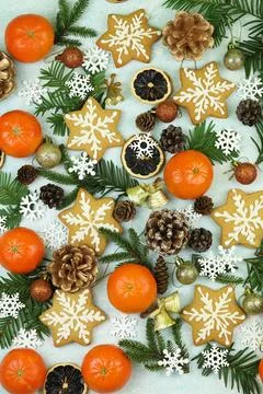 Blue winter background with pattern of christmas decorations Stock Photos