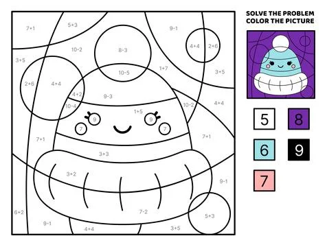 Blue winter hat. Solve the problem, color the picture. Addition, Subtraction Stock Illustration