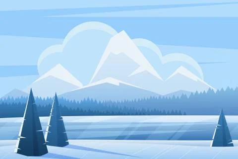 Blue winter landscape flat vector illustration Stock Illustration
