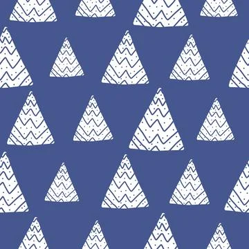 Blue winter pattern with doodle geometric trees Stock Illustration