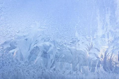 Blue winter pattern on window glass. Frosty background Stock Photos