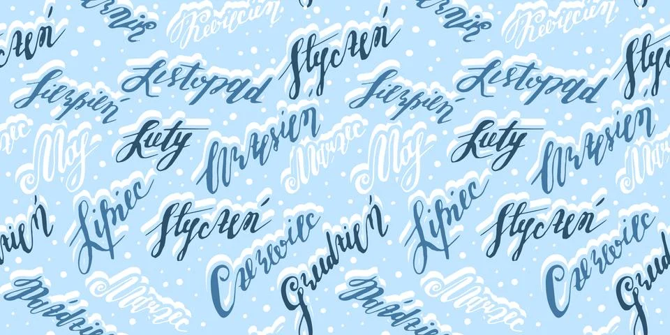 Blue winter seamless pattern consists of twelve names months lettering text l Stock Illustration