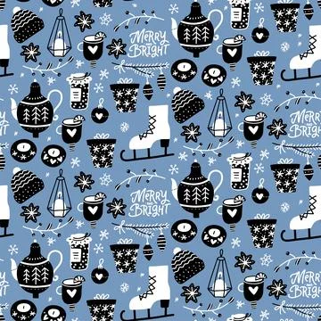 Blue winter seamless pattern with hand drawn cute elements for making cosy mood 스톡 일러스트