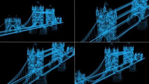 Blue wire frame Bridge on black background Stock Illustration