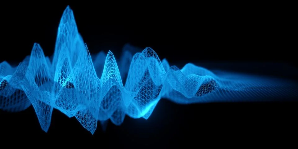 Blue Wireframe Audio Waveform with Digital Peaks on Black Ilustração Stock
