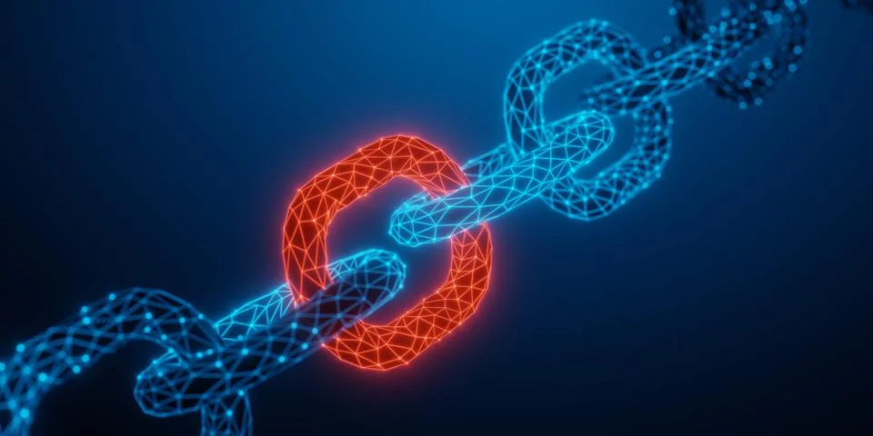 Blue wireframe chain model on blue gradient background with one red element.. Illustrazione stock