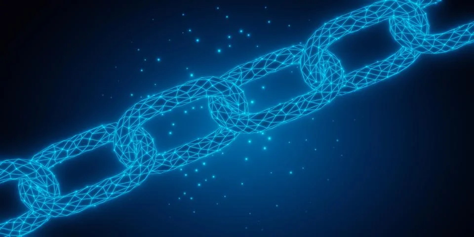 Blue wireframe chain model on blue gradient background, blockchain software.. Stock-Illustration