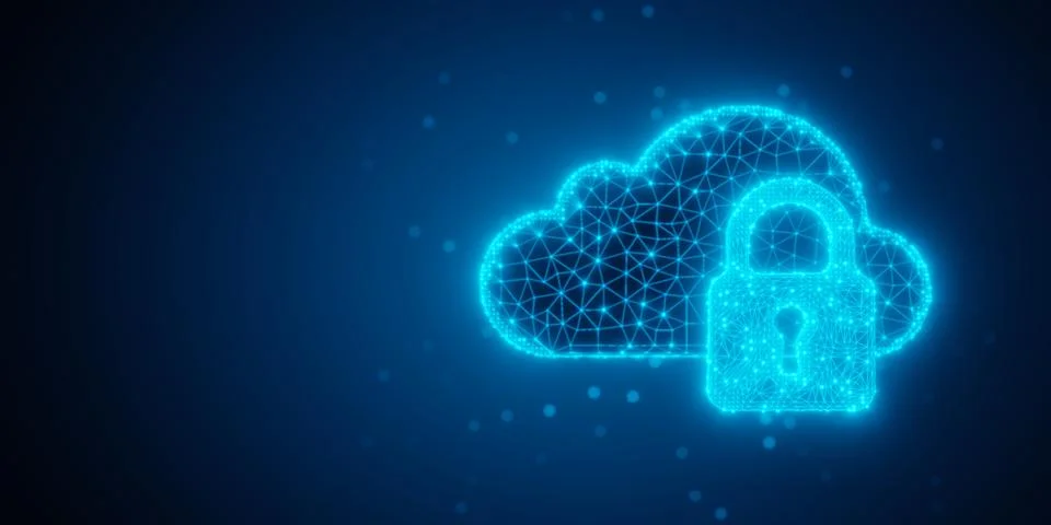 Blue wireframe cloud and padlock objects shapes over blue gradient backgrou.. イラスト素材