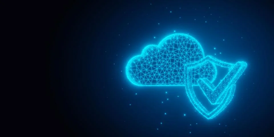 Blue wireframe cloud and shield with checkmark objects shapes over blue gra.. イラスト素材