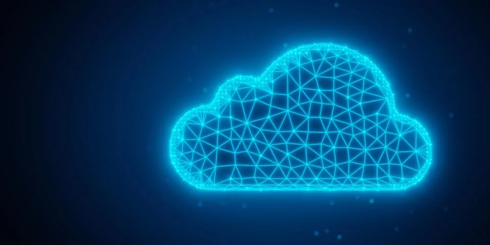 Blue wireframe cloud object shape over blue gradient background, modern dig.. Illustrazione stock