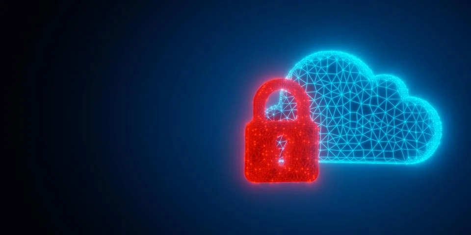 Blue wireframe cloud with red low polygon padlock objects shapes over blue .. Stock Illustration