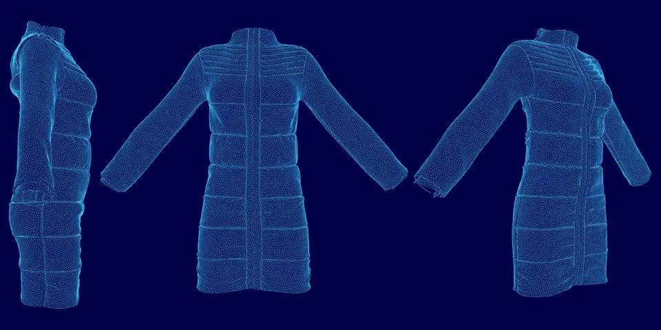 Blue wireframe coat with a pattern of dots is shown in three different angles. Stock Illustration