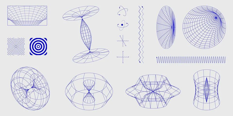 Blue wireframe geometric structures, atomic orbits, waveforms, and energy field Illustrazione stock