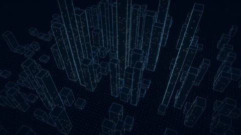 Blue wireframe hologram city with camera flying down past towers Vídeo Stock 344842749
