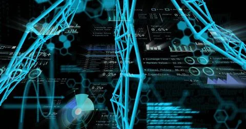 Blue wireframe lattice moving through analytics space, camera shift revealing Stock Illustration