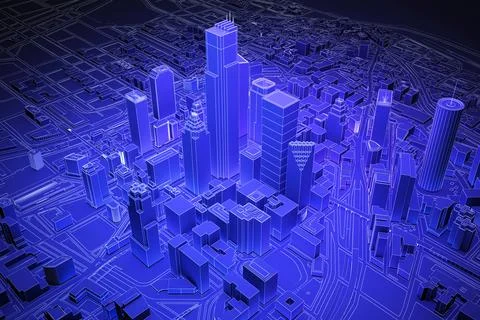 Blue wireframe low poly city above view Ilustração Stock