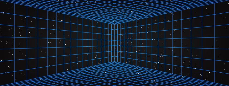 Blue wireframe perspective grid box room on black background. Futuristic 3D.. Stock Illustration