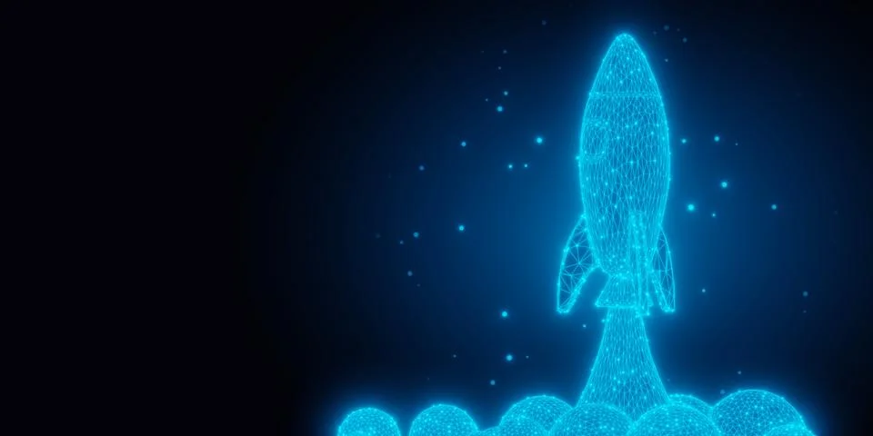 Blue wireframe rocket with exhaust flames and smoke on dark black backgroun.. Stock Illustration