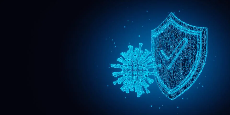 Blue wireframe shield with checkmark and virus on blue background with copy.. Stock Illustration
