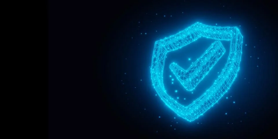 Blue wireframe shield outline with checkmark on dark black background, busi.. Stock Illustration
