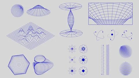 Blue wireframe structures, geometric grids, and mathematical equations arranged 스톡 일러스트